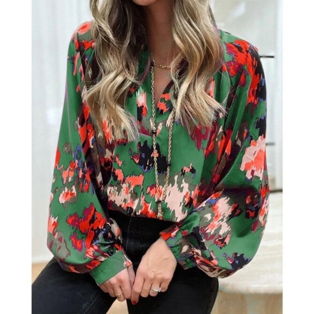 BTFBM V-Neck Long Sleeve Elegant Floral Blouse in Green Size XXL